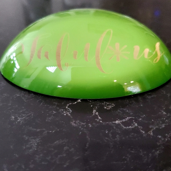 Glass Paperweight Lime Green Gold FABULOUS Script Oval Black Felt Base Desktop - Picture 3 of 4